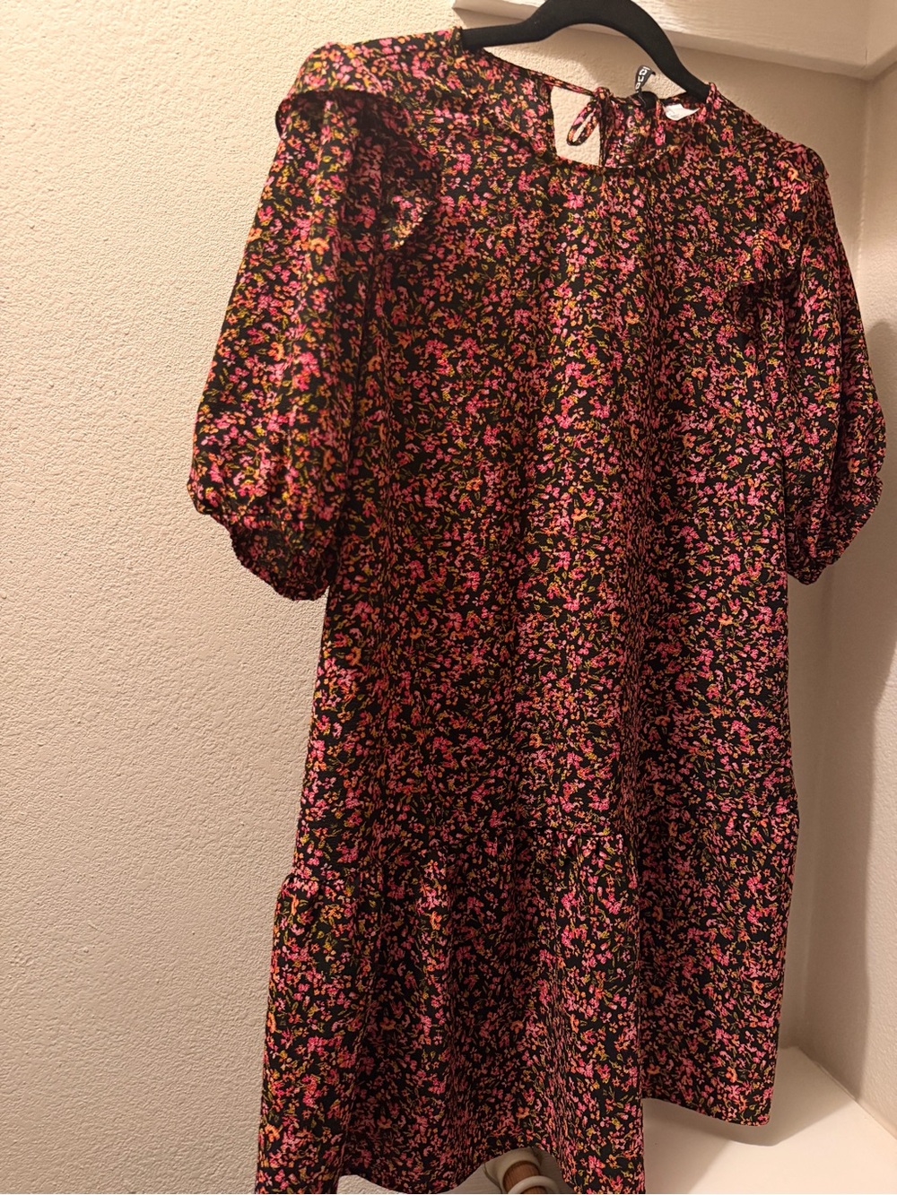 Divided Black Dress with Pink Floral Print